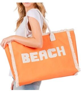 Orange Cream BEACH Embroidered Letter Fringe Trim 17.5" Travel Tote Beach Bag